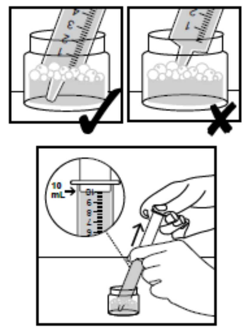 Vaihe 7. Täytä ruisku a. Työnnä mäntä kokonaan ruiskuun. b. Aseta ruiskun kärki sekoituslasin pohjalle. c. Vedä mäntä hitaasti takaisin 10 ml:n merkin kohdalle.