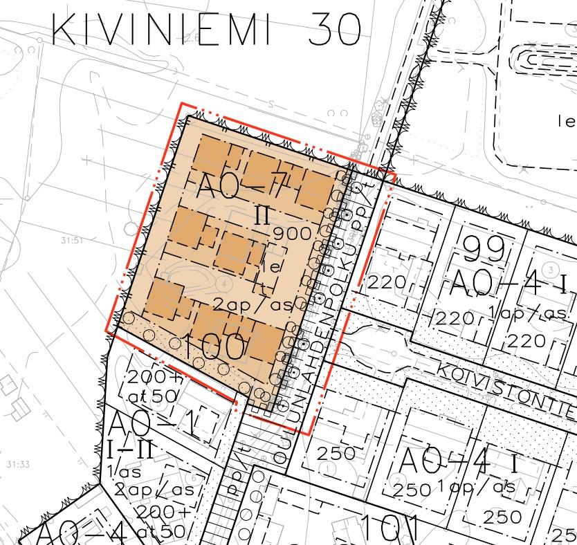 4. ASEMAKAAVAN KUVAUS Asemakaavan muutoksella Kiviniemen kaupunginosan korttelin 100 tontti numero 4 muutetaan erillispientalojen alueeksi (AO-7) pääkäyttötarkoituksen (AO) pysyessä ennallaan.