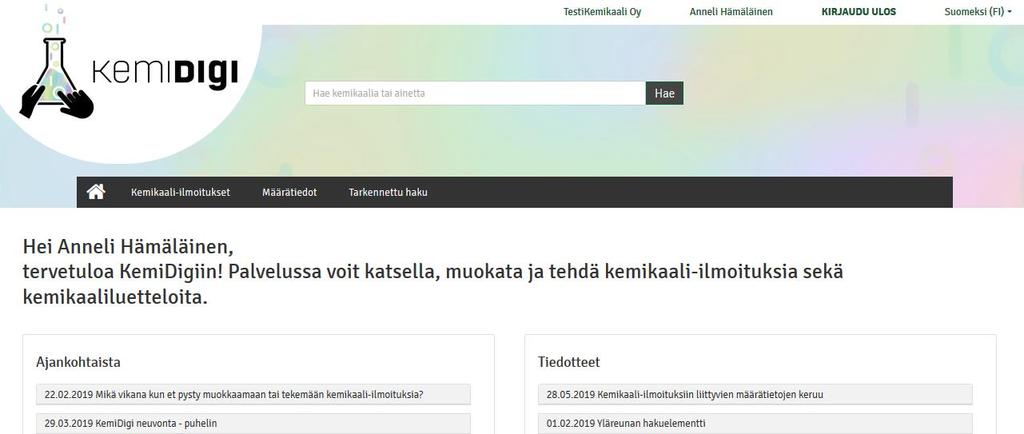 Kemikaali-ilmoitukset CSV lomakkeelle Kirjautumisen jälkeen painamalla etusivun ylävalikosta KEMIKAALI- ILMOITUKSET, pääsee