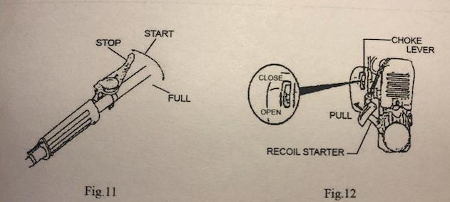 (Kuva 12) 4) Vedä käynnistin nopeasti. 5) Kun kuulet moottorin käynnistyksen muutaman kerran, siirrä rikastinvipu takaisin (avoin asento). Vedä sitten liipaisin uudelleen.