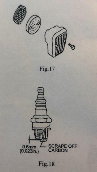 3. HUOLTO Säännöllinen tarkastus Puhdistus. 1.Puhdista ilmansuodatin. (Kuva 17) 2. Puhdista sytytystulppa (Kuva 18) 3. Puhdista sylinterin pakoputki ja äänenvaimennin.