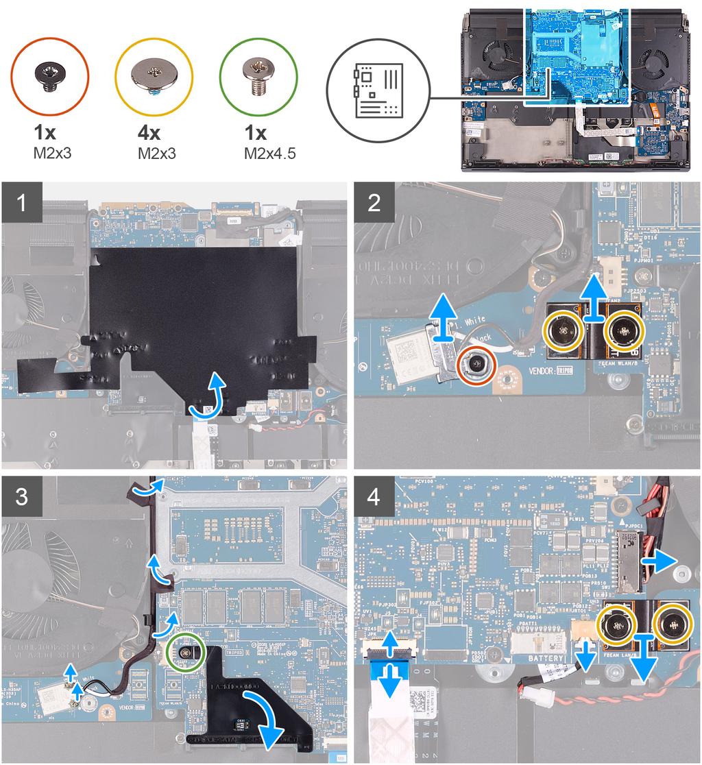 Emolevy Emolevyn irrottaminen 1. Noudata Ennen kuin avaat tietokoneen kannen -kohdan menettelyä. 2. Irrota rungon suojus. 3. Irrota 2230-SSD-asema. (Mikäli sovellettavissa) 4.