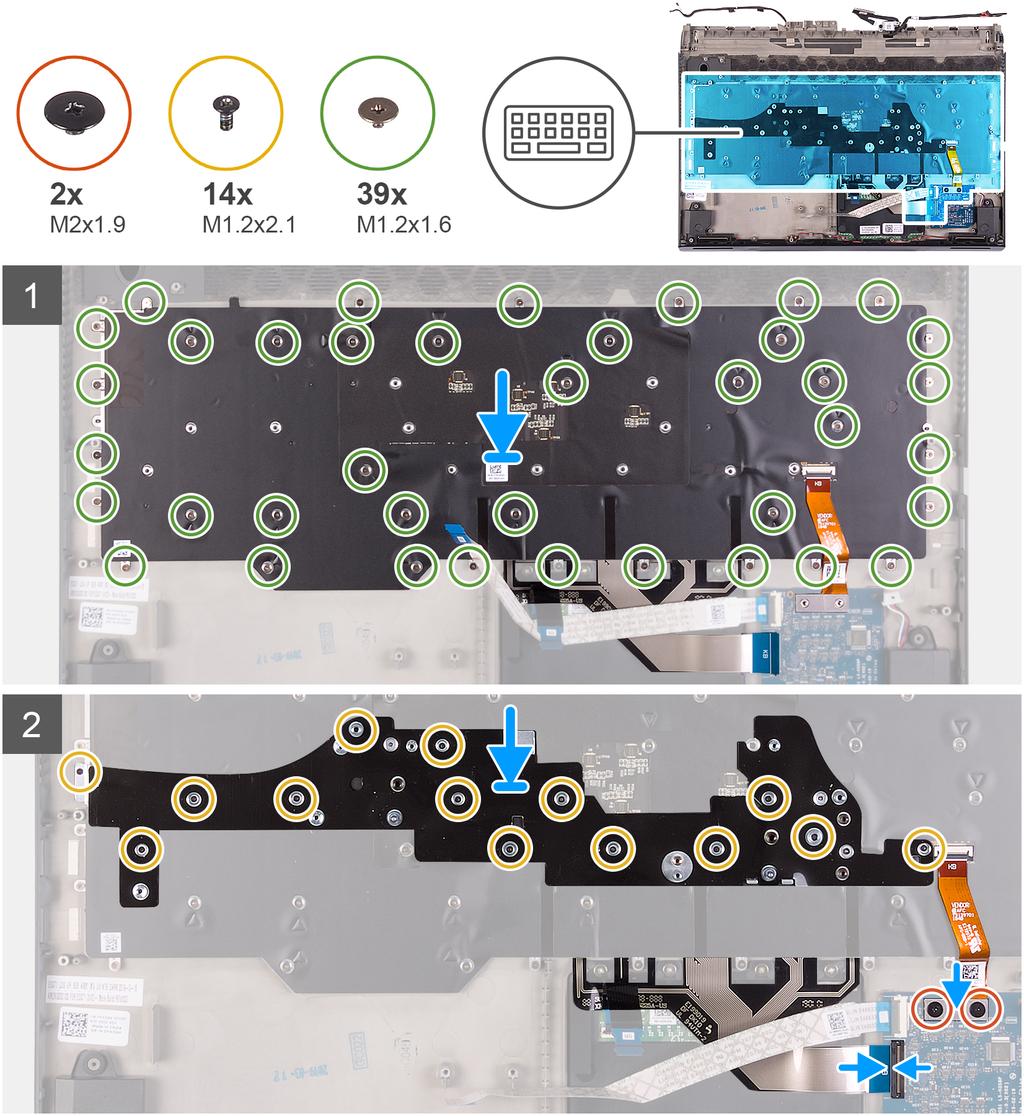 1. Irrota kaksi ruuvia (M2x1.9), joilla näppäimistön taustavalon kaapeli kiinnittyy näppäimistön ohjainkorttiin. 2. Irrota näppäimistön taustavalon kaapeli näppäimistön ohjainkortista. 3.