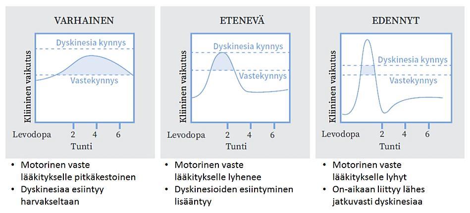Edenneessä vaiheessa vaste levodopalle laskee entisestään ja dyskinesia-oireilua ilmenee jo samaan aikaan kun lääkkeen terapeuttinen hyöty alkaa.