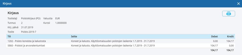 Uutta käyttöomaisuushyödykettä lisättäessä täytetään automaattisesti poistojen laskennassa tarvittavat tiedot, kun valitaan oikea käyttöomaisuusryhmä.