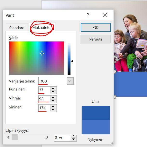 Asetteluasetukset kuin teit kuvalle kuvassa 1. 4. Värin muokkaaminen ja RGB-värikoodin syöttö Voit muokata muodon väriä Piirtotyökalut -välilehdellä kohdassa Muodon täyttö (ks. kuva 4.