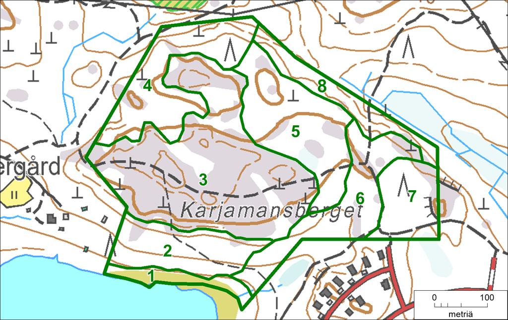 3 TULOKSET 3.1 Luonnonolot ja kasvillisuus Taasjärvi IV:n selvitysalue on pääosin kallioista metsämaastoa. Karjamansbergetin kallioalueen laki on 25 metriä Grundträsketin pintaa korkeammalla.