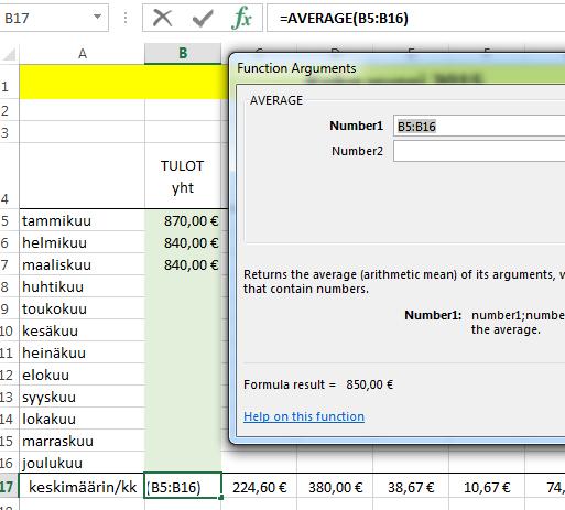 Huomaa, että ensimmäiseen sarakkeen vuoden kuukaudet saat tehdyksi täyttökahvan avulla (olettaen että käyttämäsi Excelin omissa listoissa (Custom lists) on tallennettu kuukaudet listaksi).