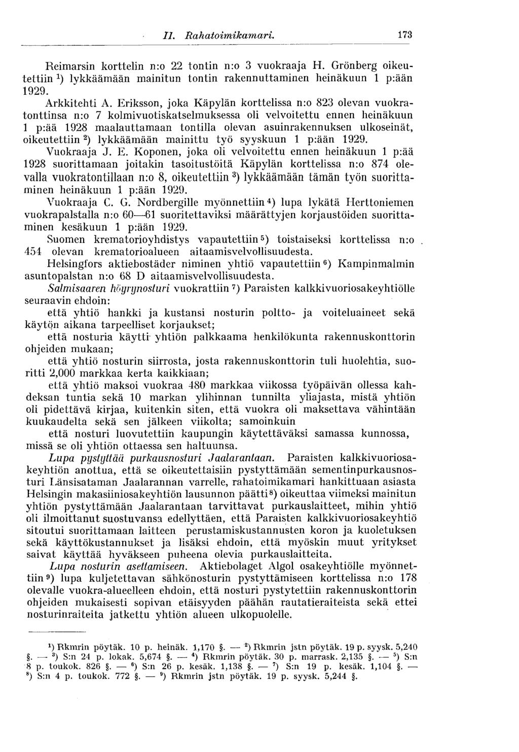 II. Rahatoimikamari. 173 Reimarsin korttelin n:o 22 tontin n:o 3 vuokraaja H. Grönberg oikeutettiin lykkäämään mainitun tontin rakennuttaminen heinäkuun 1 p:ään 1929. Arkkitehti A.