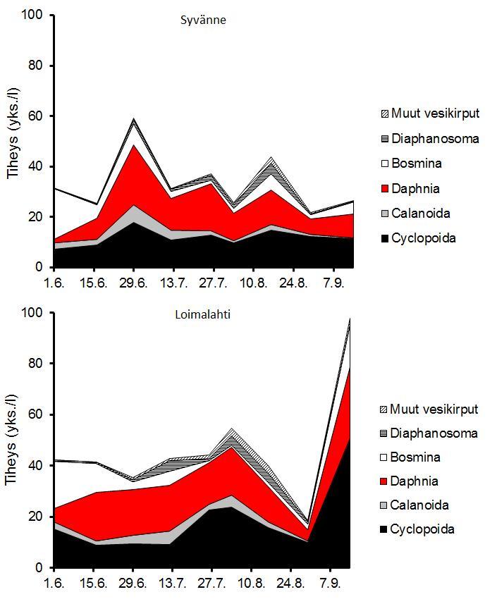 3.2 Eläinplankton ja sulkasääsken toukat Alajärven äyriäiseläinplanktonin kehitys oli melko samanlaista syvänteellä ja Loimalahdessa (kuva 2).