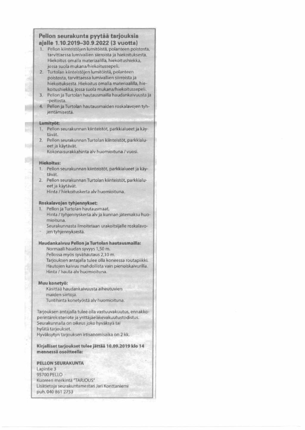 Pellon seurakunta pyytää tarjouksia ajalle 1.10.2019-