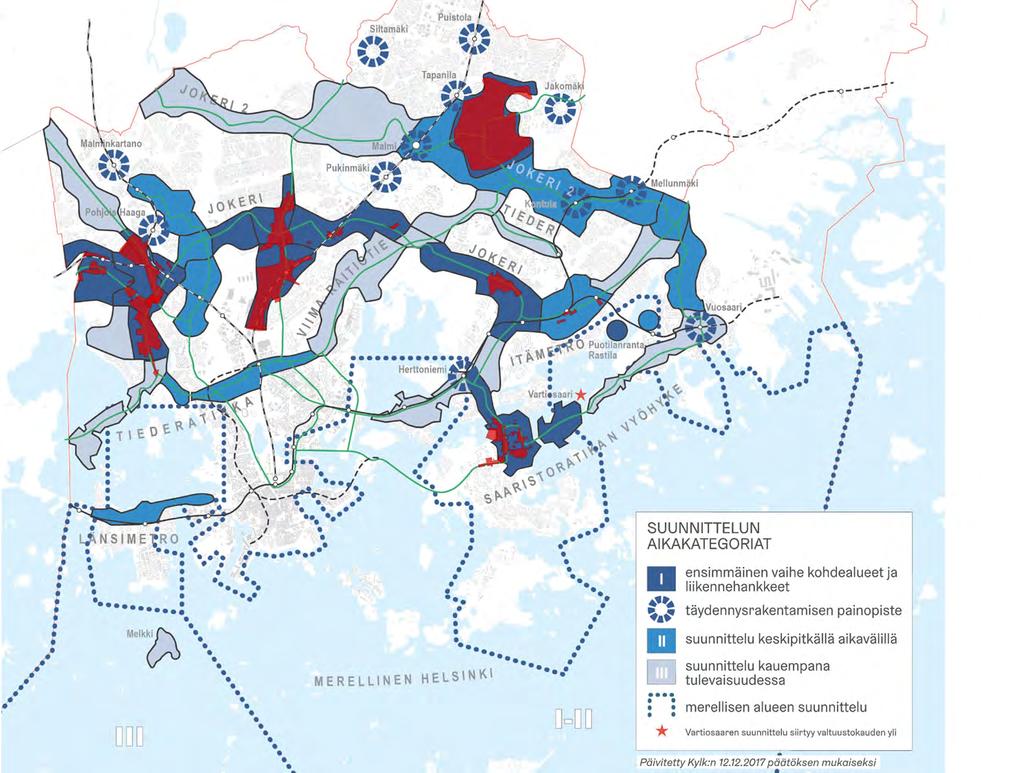 Ensimmäiseen vaiheen suunnittelun eteneminen (2018-2019): 1) Vihdintien ja Huopalahdentien bulevardikaupunki Suunnitteluperiaatteet 5/2018 Kaavarunko 6/2019 Länsi-Helsingin raitioteiden
