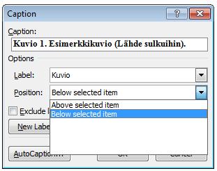 3) Kirjoita haluamasi otsikko Caption (Lisättävä otsikko) -valintaikkunaan Kuvio 1 -tekstin perään.