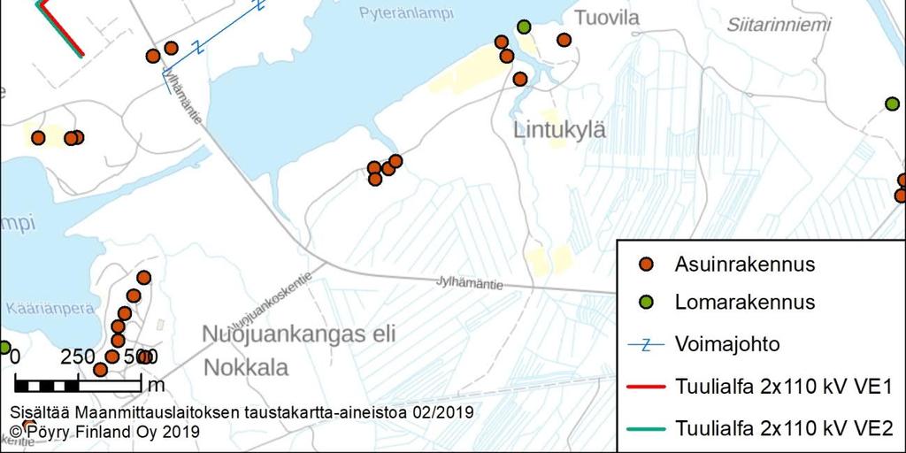 Asutuksen ja loma-asutuksen sijoittuminen sähkönsiirtolinjauksella Nuojuan sähköaseman läheisyydessä.