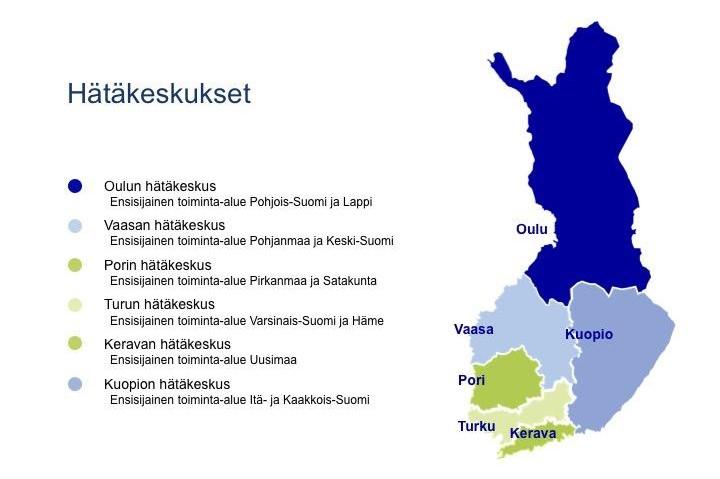 6 Kuvio 3. Hätäkeskukset ja niiden toiminta-alueet. (Lähde: Hätäkeskuslaitos 2018a) Hätäkeskusten lisäksi hätäkeskuslaitoksella on oma johtokeskus.