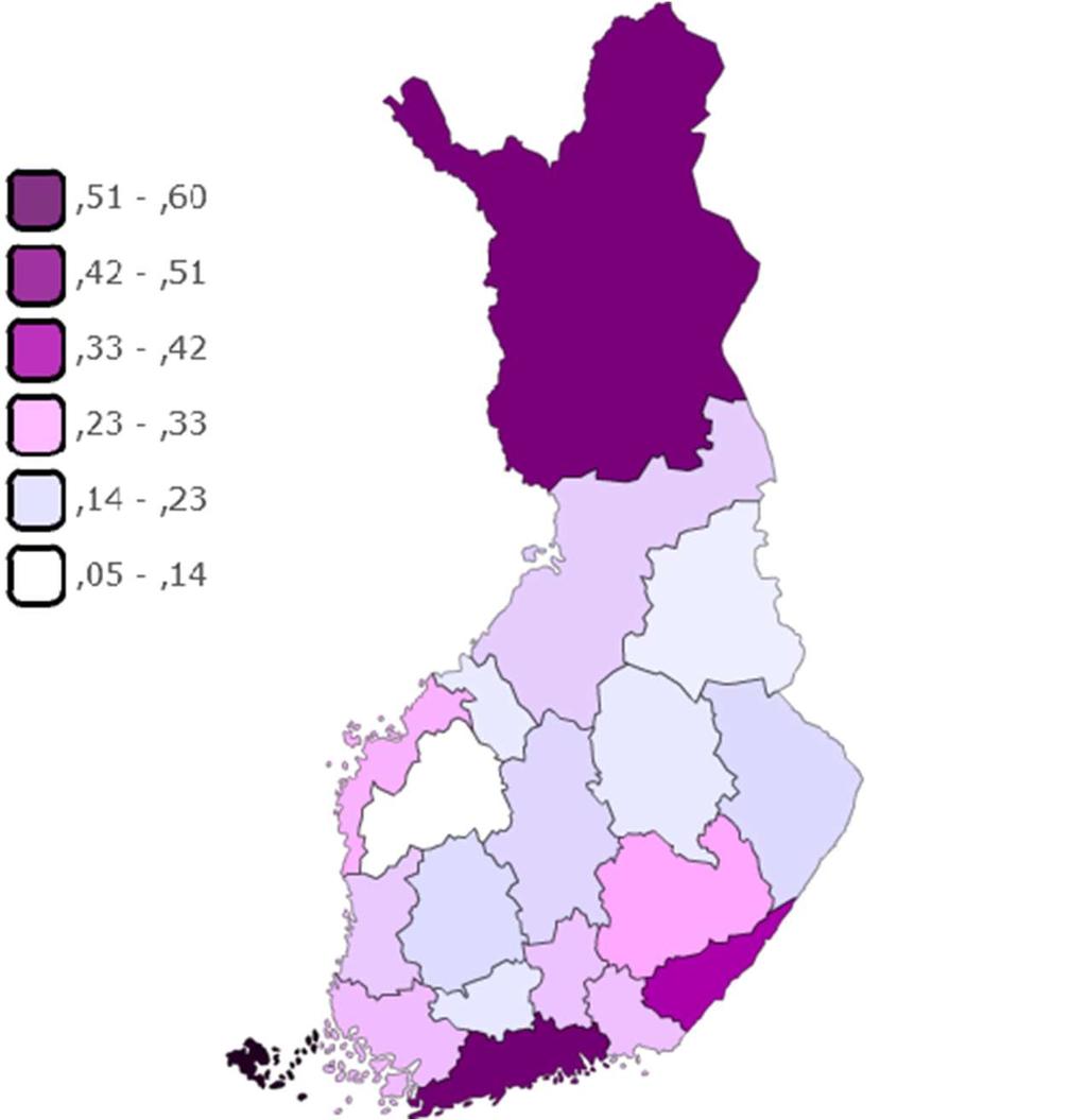 Ulkomaisten yöpymisten osuus (%) maakunnissa vuonna 217 Kukin maakunta = 1 % Koko Suomessa kirjattiin yhteensä 6,7 miljoonaa ulkomaista yöpymistä vuonna 217 Keski-Pohjanmaa Pohjanmaa Etelä-Pohjanmaa