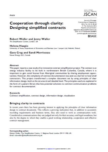 com/toc/jsca/2/1-2 61 Rob Waller, Jenny Waller, Helena Haapio, Gary Crag & Sandi Morrisseau: Cooperation through Clarity: Designing Simplified Contracts Journal of Strategic