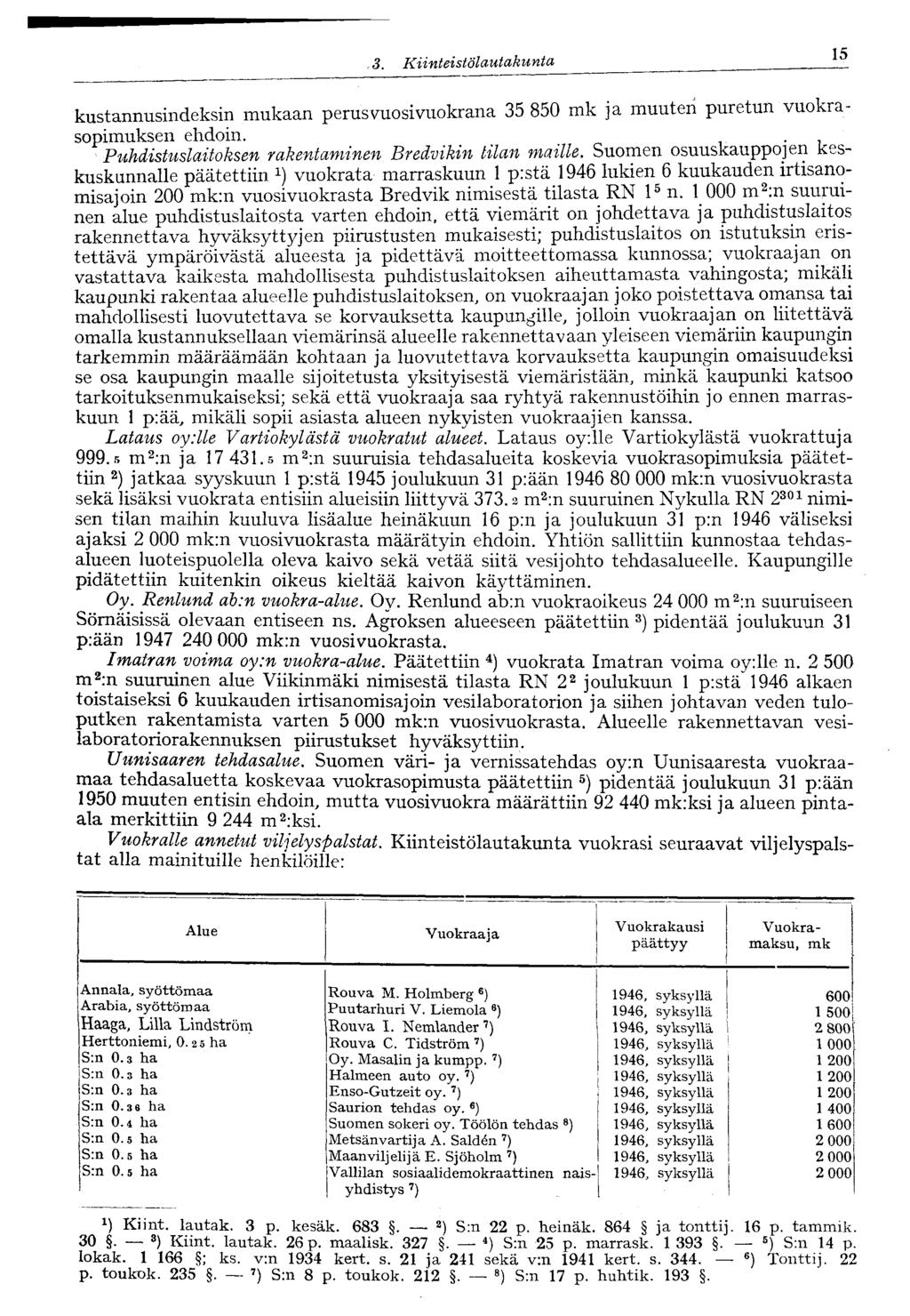3. Kiinteistölautakunta 15 kustannusindeksin mukaan perus vuosivuokrana 35 850 ja muuten puretun vuokrasopimuksen ehdoin.. Puhdistuslaitoksen rakentaminen Bredvikin tilan maille.