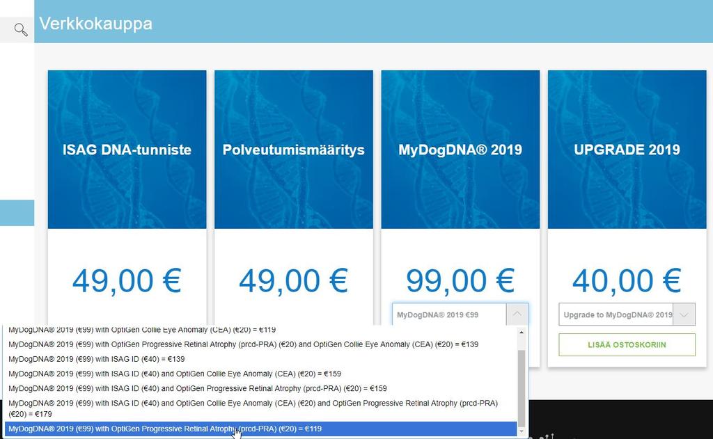 MyDogDNA-geenitestaus 1. Mene osoitteeseen https://mydogdna.com/fi/ostoskori. 2.