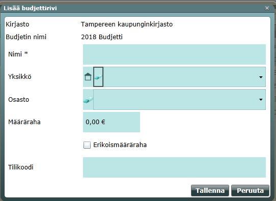 Aineistorahan lisääminen budjettiin Yleensä tammikuussa kullekin yksikölle lisätään sen käytössä oleva euromäärä Lisää budjettirivi toiminnolla.