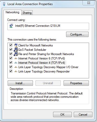 5. Valitse Internet Protocol Version 4 (TCP/IPv4) ja sitten Properties (ominaisuudet). Kuva 5.