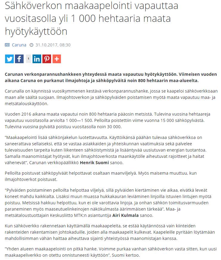 25 LIITTEET Liite 1. Carunan tiedote maakaapeloinnin hyödyistä https://www.epressi.