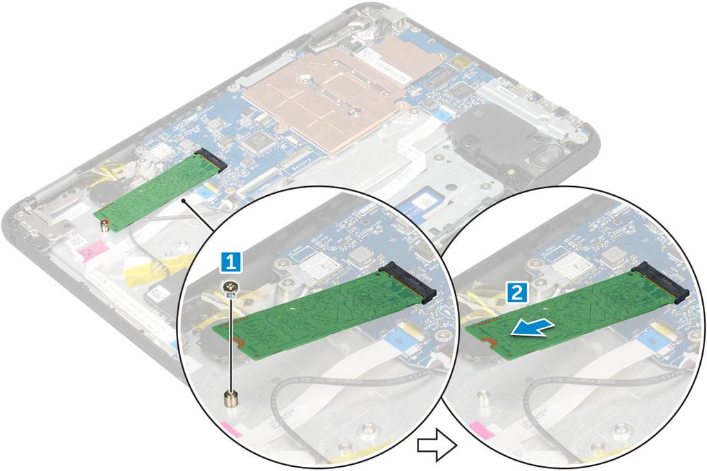 M.2-SSD-levyn asentaminen HUOMAUTUS: Jos järjestelmässä on SSD-levy, noudata seuraavia ohjeita. 1 Kohdista SSD-kortin lovi SSD-korttipaikan kielekkeen kanssa ja työnnä kortti paikoilleen.