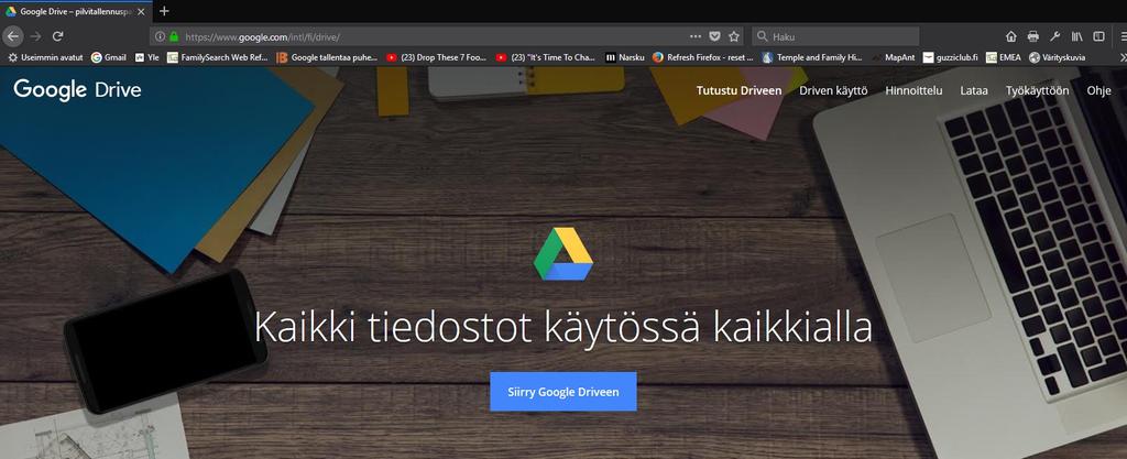 Google haku: Google drive, tai Google sivulla selaimessa oikealla ===> Avaa Driven pääikkunan, josta voit ladata