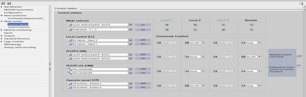 Jos et tarvitse LC (paikallisohjaus) kannattaa se turhana poistaa (not in use -valinta) Mene kohtaan Motor Control -> Control Station Tässä kohdassa määrittelet mistä ohjaus sallitaan S1 väylän