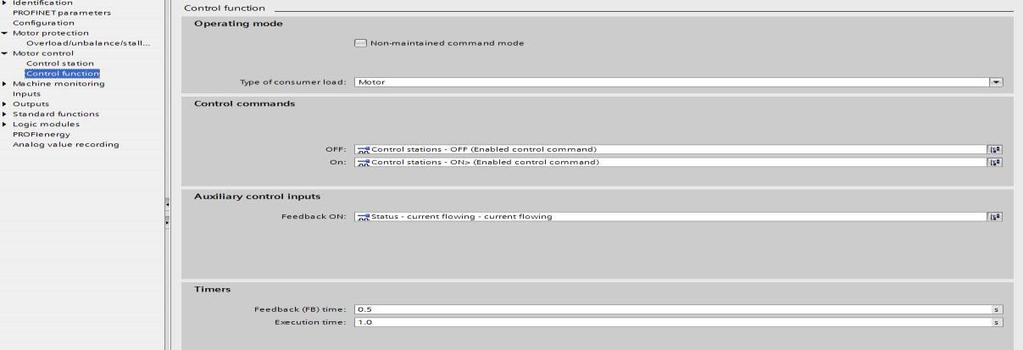 Timers-kohdassa valitaan FB-aika ja Execution-aika FB-aika. Kun moottorille annetaan pysäytyskäsky Simocode pro tarkistaa jatkuvasti onko käsky FB ON = 0 -tilassa.