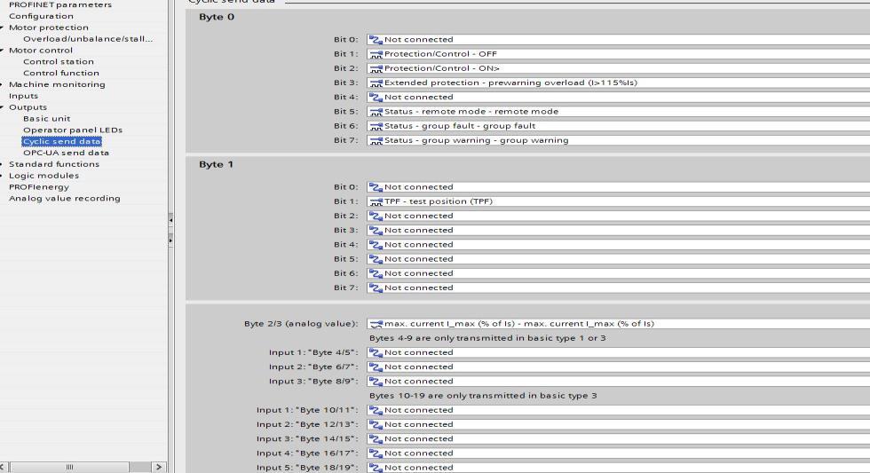 Cyclic send data sisältää bitti- ja analogiaviestejä, jotka Simocode pro lähettää masterille väylän kautta Byte 0 sisältää