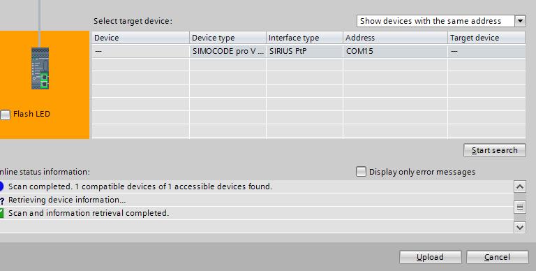 SIRIUS: PtP (point-to-point) PG/PC interface: portti COM 15 Paina