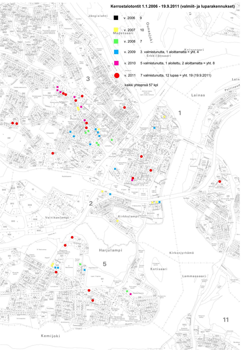 Karttaan on merkitty valmiit ja luvan saaneet kerrostalot ajanjaksolta 1.1.2006 19.9.2011.