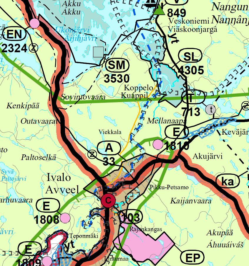 INARIN KUNTA 4 1.3. Yleispiirteisten kaavojen antamat lähtökohdat Maakuntakaava Aluetta koskee Pohjois-Lapin maakuntakaava, jonka valtioneuvosto on vahvistanut 27.12.2007.