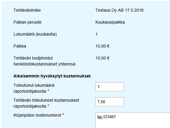 Henkilöstökustannukset raportoi toteutunut lukumäärä raportointijaksolla
