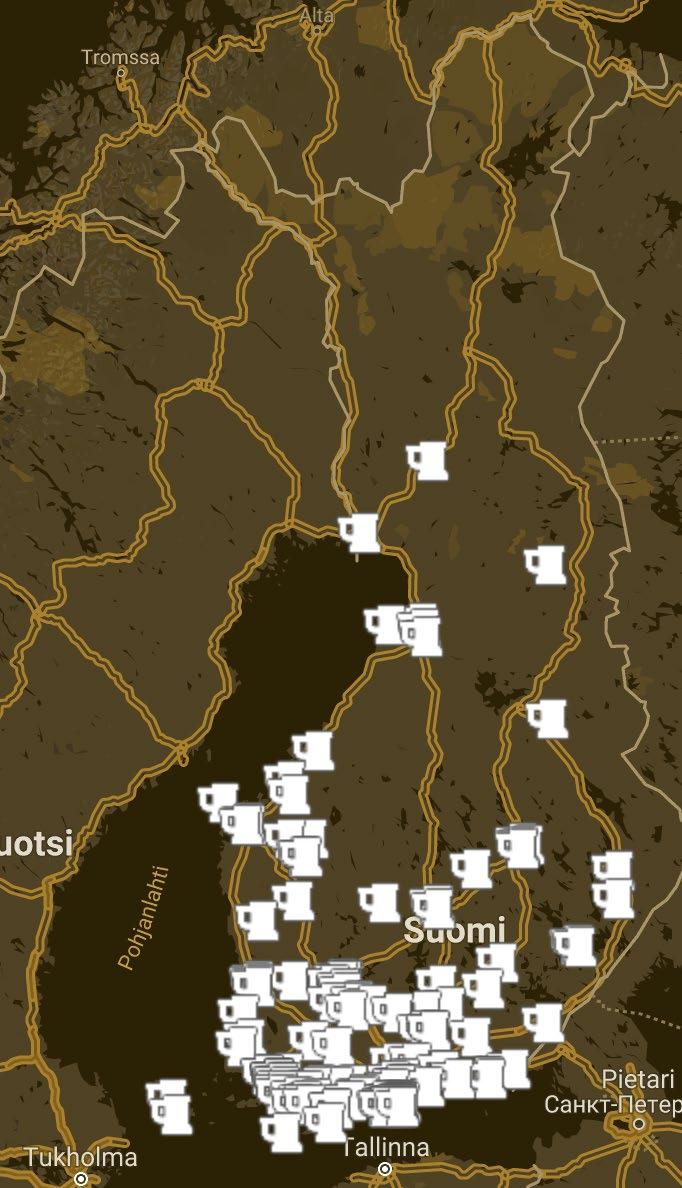 5 (41) 2. PERUSTIETOA 2.1 Pienpanimot Suomessa Suomessa on tällä hetkellä yli 100 pienpanimoksi luokiteltavaa panimoa, pienpanimoiden sijoittumista Suomen kartalle on esitetty kuvassa 2.1. (Suomenpienpanimot.