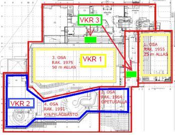 23 KUVA 5: Vedenkäsittelyryhmiin (VKR) kuuluvien altaiden sijoittuminen kiinteistöön. (Kuva: Kontinaho & Weijo. Ramboll 2017, 5, muokattu) VKR 1. Uintialtaat: 50m ja 25m (27 C) VKR 2.