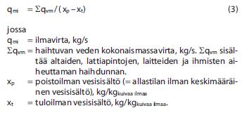 51 2 (2) Tuuletukseen perustuvan kosteudenpoiston vaatima ilmavirta, 100 % ulkoilmavirta Allas käytössä ei käytössä q m (keskiarvo) 0,02740 0,00689 x p 0,0143 0,0143 x t 0,009 0,009 kg/s 5,170 1,2998