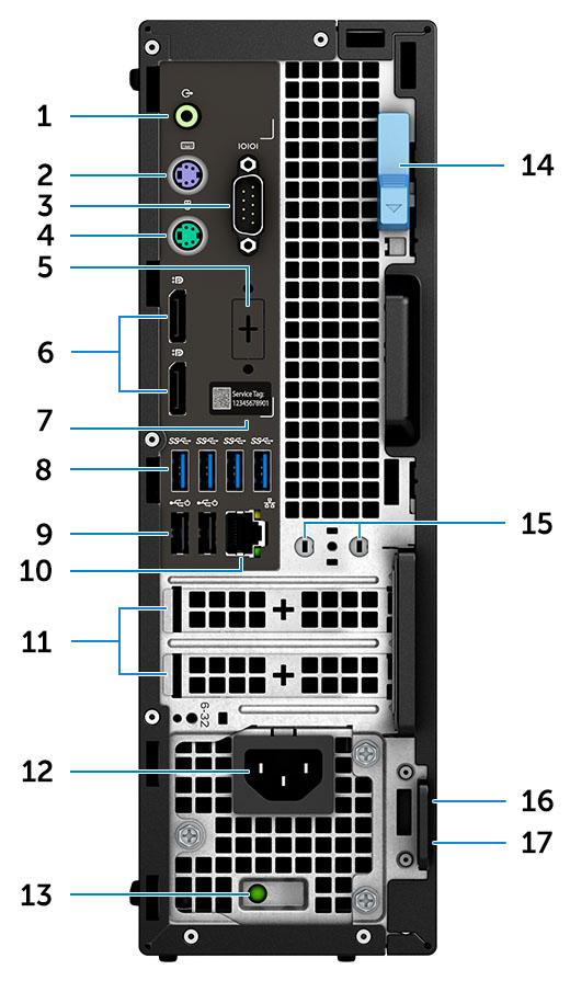 Näkymä takaa 1. Linjalähtöportti 2. PS/2-näppäimistöportti 3. Sarjaportti 4. PS/2-hiiriportti 5. DisplayPort/HDMI 2.0/VGA/USB Type-C Alt-Mode (valinnainen) 6. DisplayPort * 2 7. Huoltomerkkitarra 8.