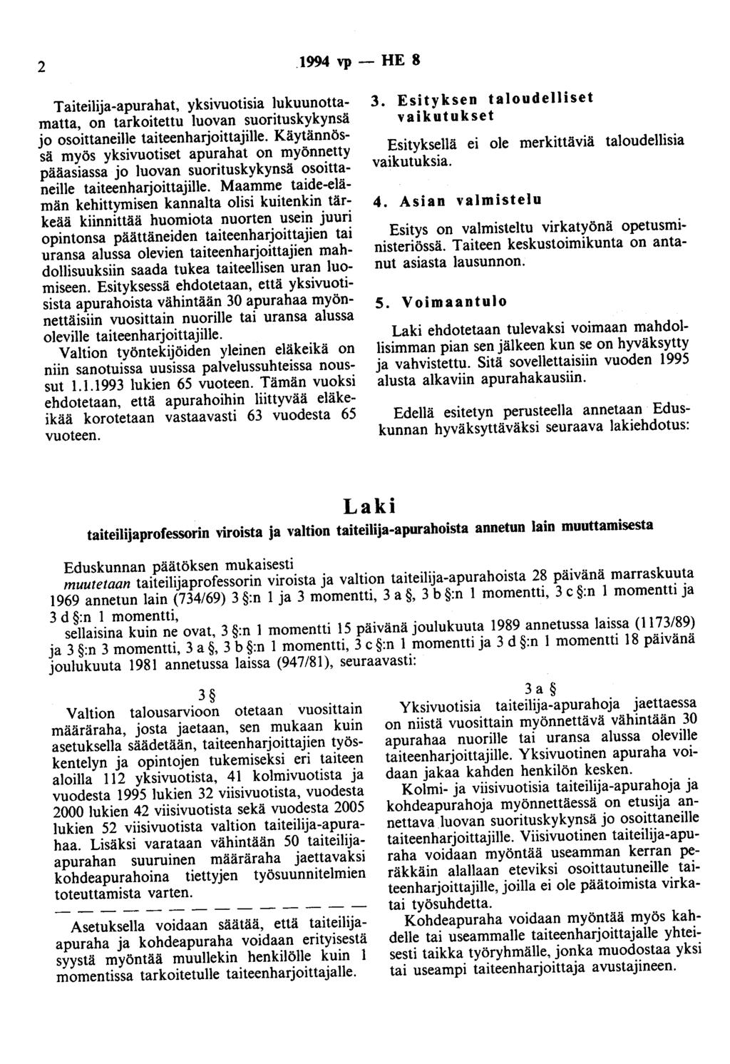 2 1994 vp- HE 8 Taiteilija-apurahat, yksivuotisia lukuunottamatta, on tarkoitettu luovan suorituskykynsä jo osoittaneille taiteenharjoittajille.