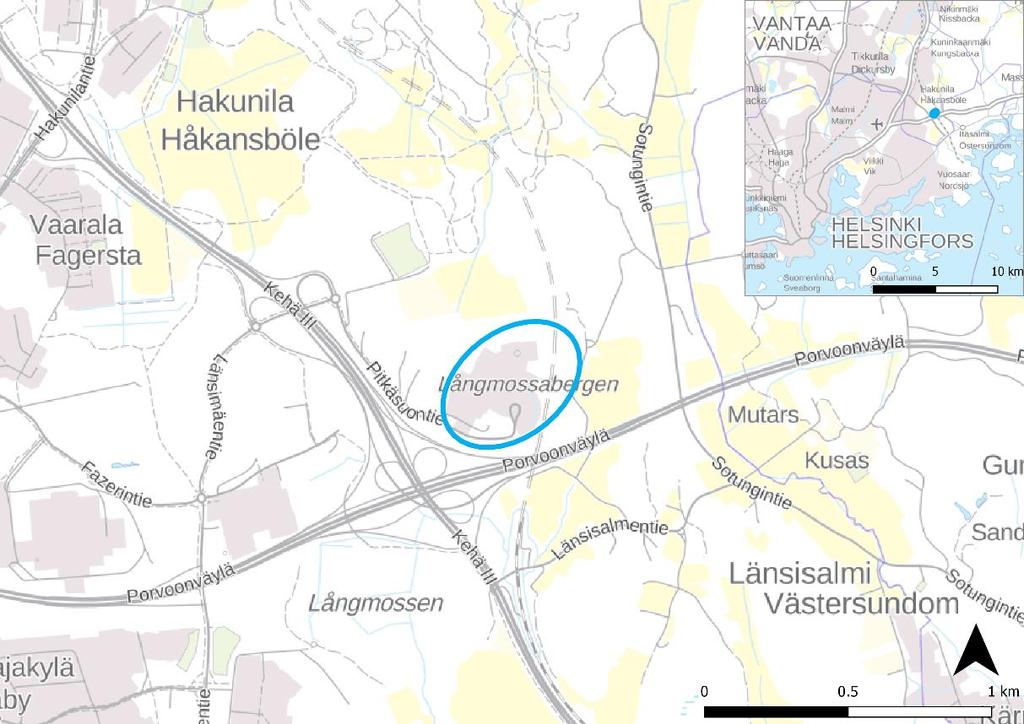 Kuva 2-1. Jätevoimalan ja sen laajennuksen sijainti Kehä III:n ja Porvoonväylän risteyksen koillispuolella. Pienemmässä kartassa on sinisellä värillä hankkeen sijainti pääkaupunkiseudulla.