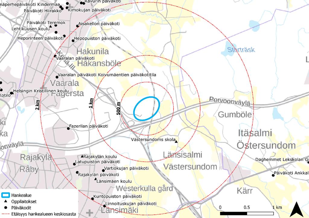 III:n ja Porvoonväylän eritasoliittymäalue. Alueen pohjoispuolella on suurjännitevoimalinjoja sekä Ojangon ulkoilualue ja Ojangon koiraurheilukeskus.