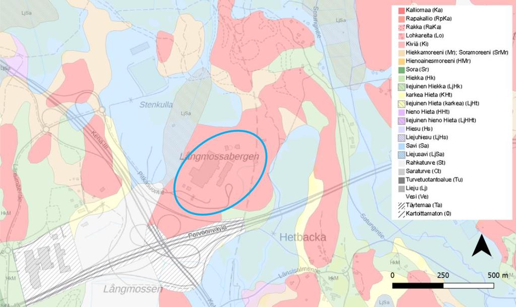 Kuva 6-24. Maalajit hankealueen lähiympäristössä (Lähde: GTK, 2015). Hankealue on merkitty karttaan jälkikäteen sinisellä. Bild 6-24. Jordarter i projektområdets omgivning (Källa: GTK, 2015).