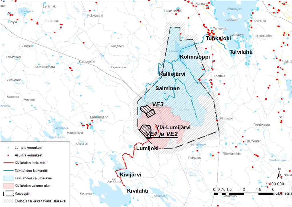 Ehdotus tarkasteltavan vaikutusalueen rajaukseksi Kaivospiiri + 500m vyöhyke (paikalliset suorat