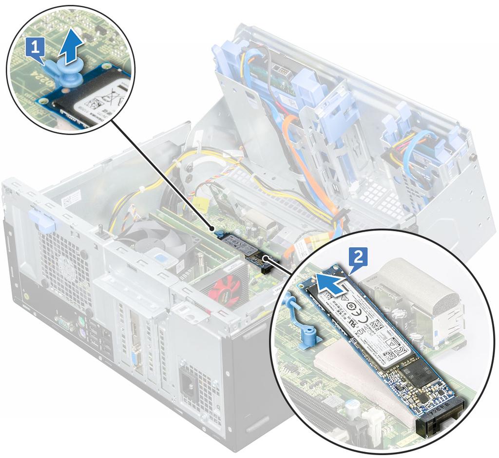 3 Irrota etupaneelin luukku. 4 M.2 PCIe SSD -aseman irrottaminen: a Vedä sinistä muovinastaa, joka kiinnittää M.2 PCIe SSD -aseman emolevyyn [1]. b Irrota M.2 PCIe SSD -asema emolevyn liitännästä [2].