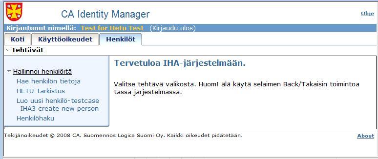 Henkilöt-valikko henkilöhallintaa tekeville TYP-IHAkäyttäjille Kuvassa näkyy henkilöstöhallinnan edustajan käyttöliittymä, joka sisältää
