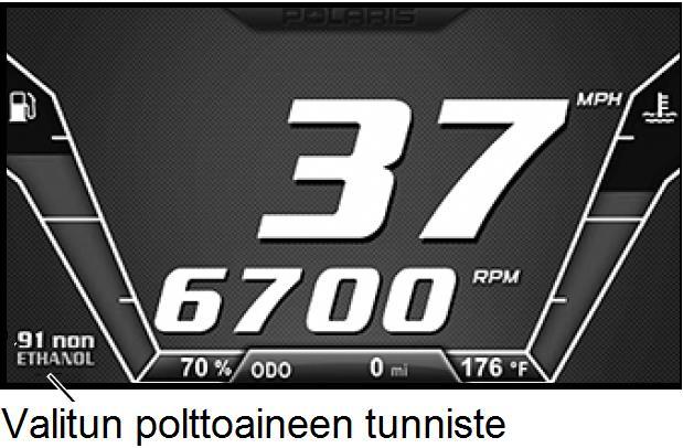 AJONEUVON RAKENNE Varusteet Polttoainelaadun valinta Polttoainelaadun valinta Moottorin ohjausjärjestelmä pitää säätää, jos moottorikelkassa käytetään perinteistä bensiiniä, jossa ei ole etanolia,