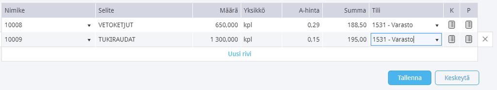 Varastotavaroiden tuonti Excel-taulukosta Varastotavaroiden eli -nimikkeiden tiedot saa tuotua ohjelmaan Excel-taulukosta valikossa Asetukset > Kirjanpidon asetukset > Tietojen tuonti > Nimikkeiden