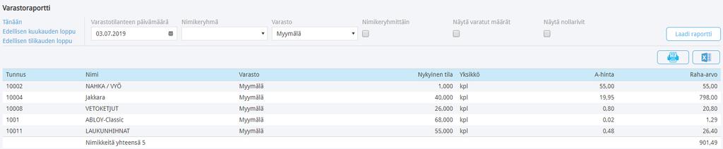Nimikeluettelo voidaan tulostaa tallentamalla luettelo ensin PDF- tai Excel-tiedostona napsauttamalla ikkunan yläreunasta löytyvää PDF- tai Excel-painiketta.