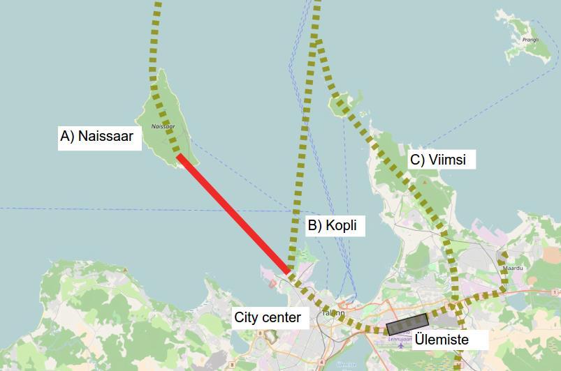 4.3 Linjausvaihtoehdot Virossa Myös Viron puolella tarkasteltiin selvityksen alussa eri linjausvaihtoehtoja FinEst tunnelille.